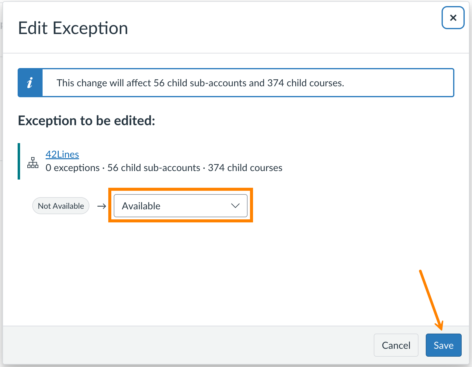 Edit Exception dialog in Canvas with root account listed, the value in the drop down set to Available and an arrow pointing at the Save button