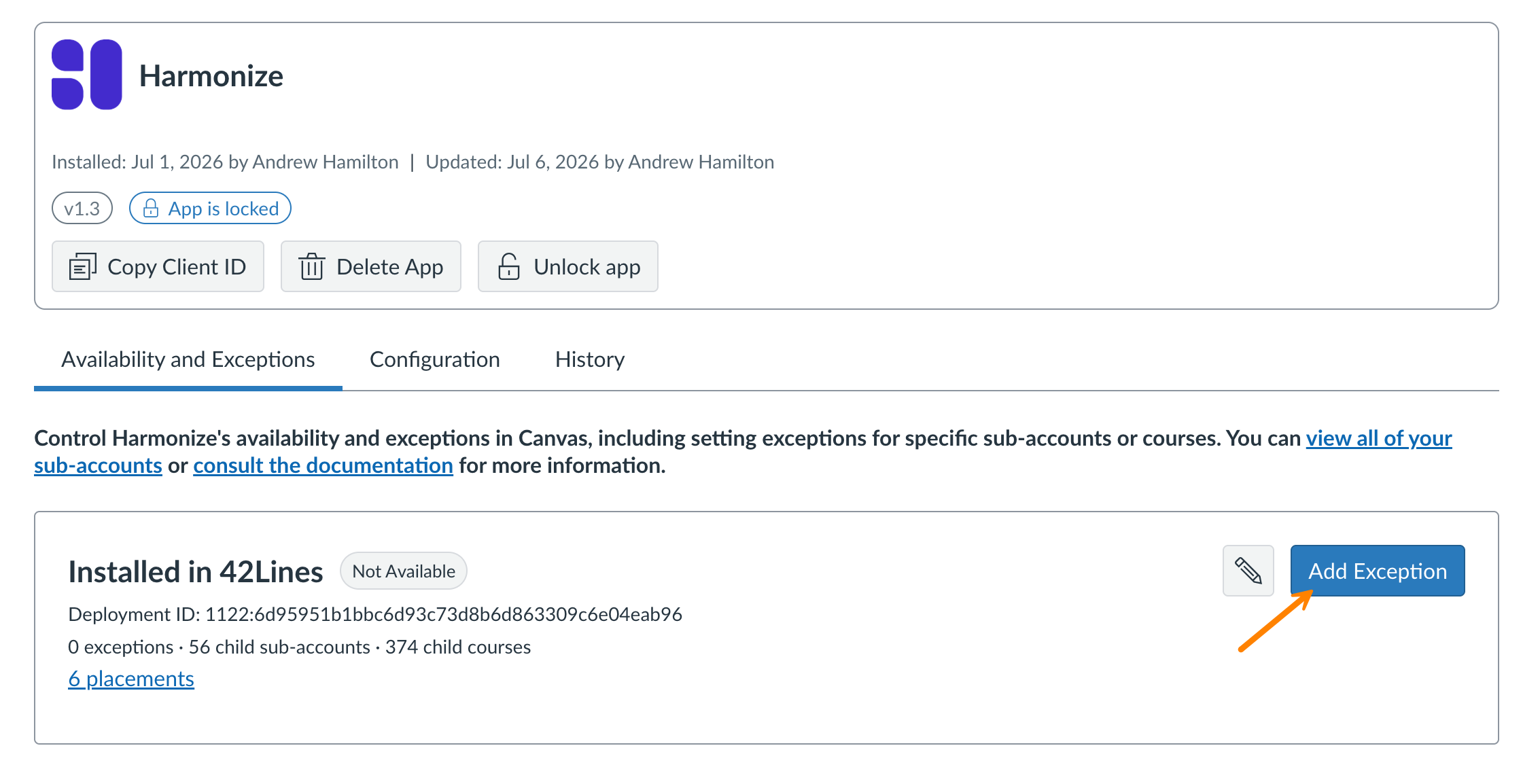 Harmonize app listing in Canvas with the root account listed and an arrow pointing at the Add Exception button