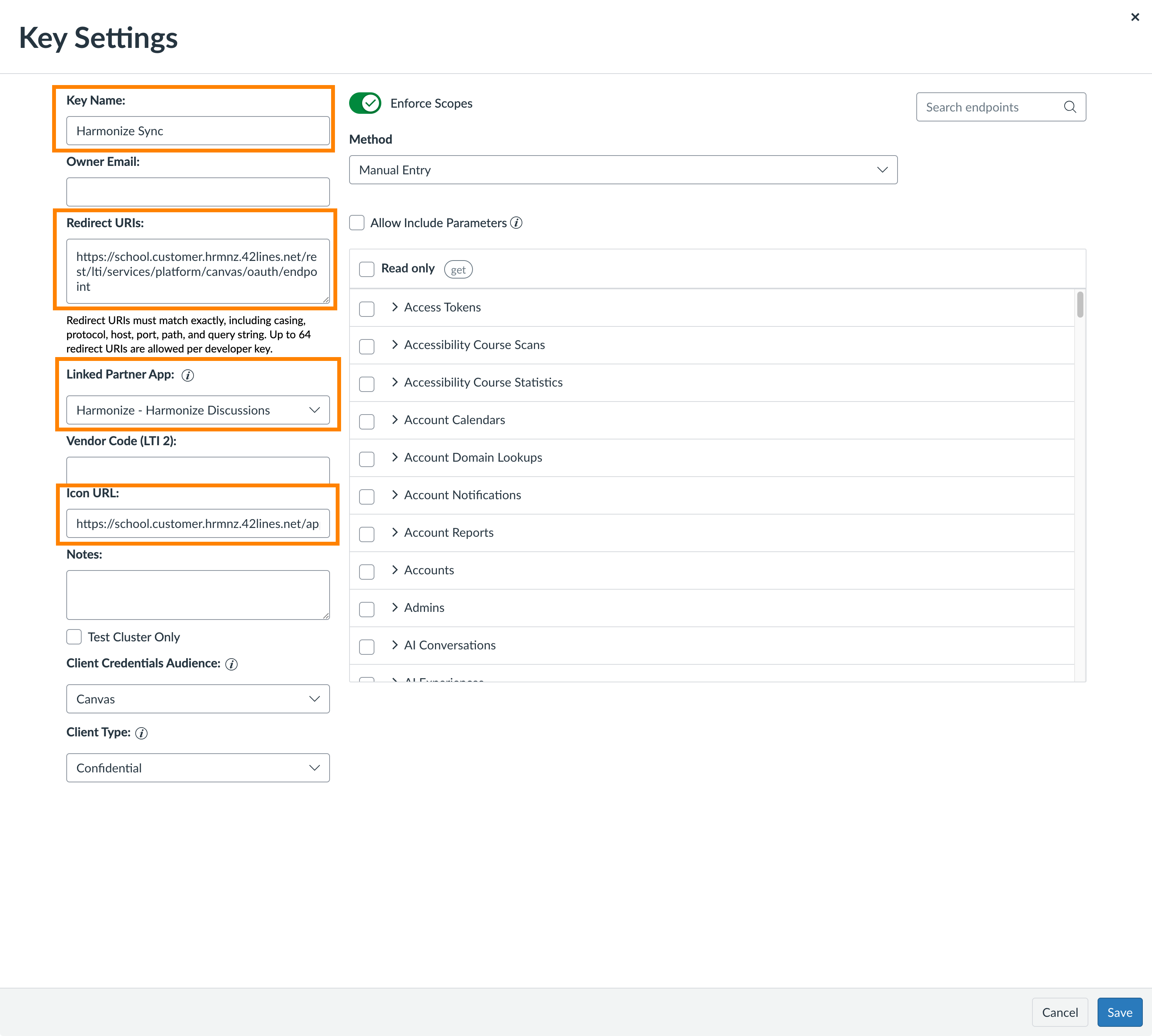 Screenshot of a "Key Settings" form for an application named "Harmonize Sync" showing fields for owner email, redirect URI, linked partner app, client credentials audience set to "Canvas", client type "Confidential", a toggled "Enforce Scopes" switch, and a scrollable list of read-only API scopes.