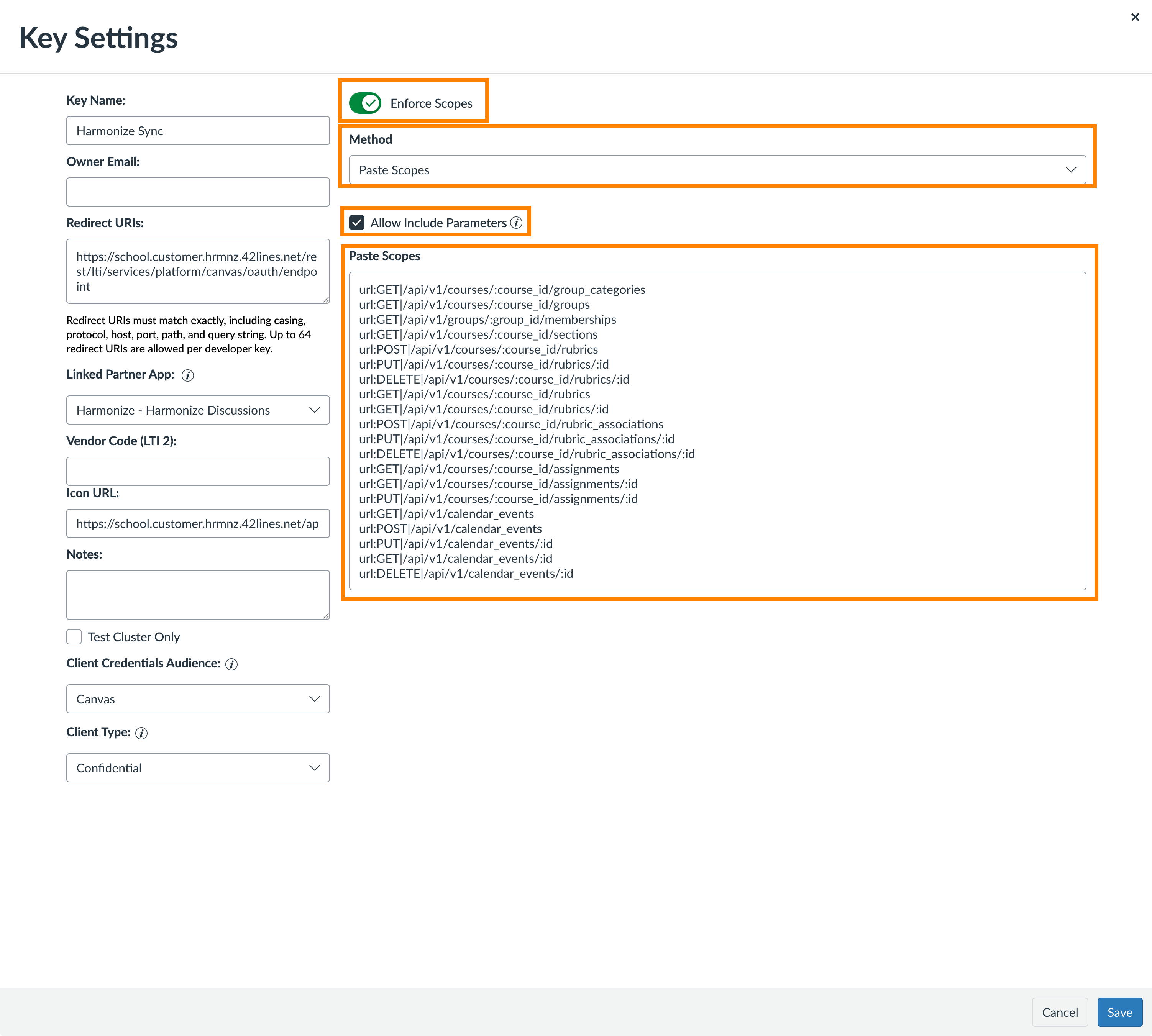 Key Settings form showing OAuth key "Harmonize Sync" with Enforce Scopes toggled on, redirect URI and icon URL fields, linked partner app "Harmonize - Harmonize Discussions," method "Paste Scopes" and a large list of API scope endpoints (courses, groups, rubrics, assignments, calendar_events).