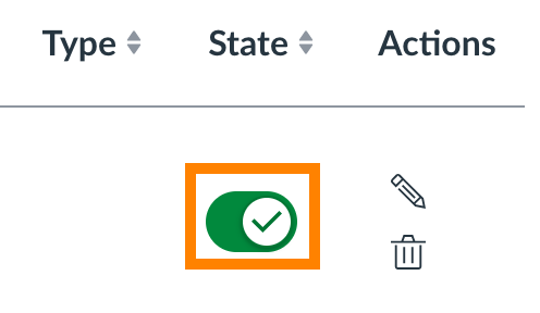 Table header labels "Type", "State", "Actions" with a green toggle switch showing a white checkmark and icons of a pencil (edit) and trash can (delete).