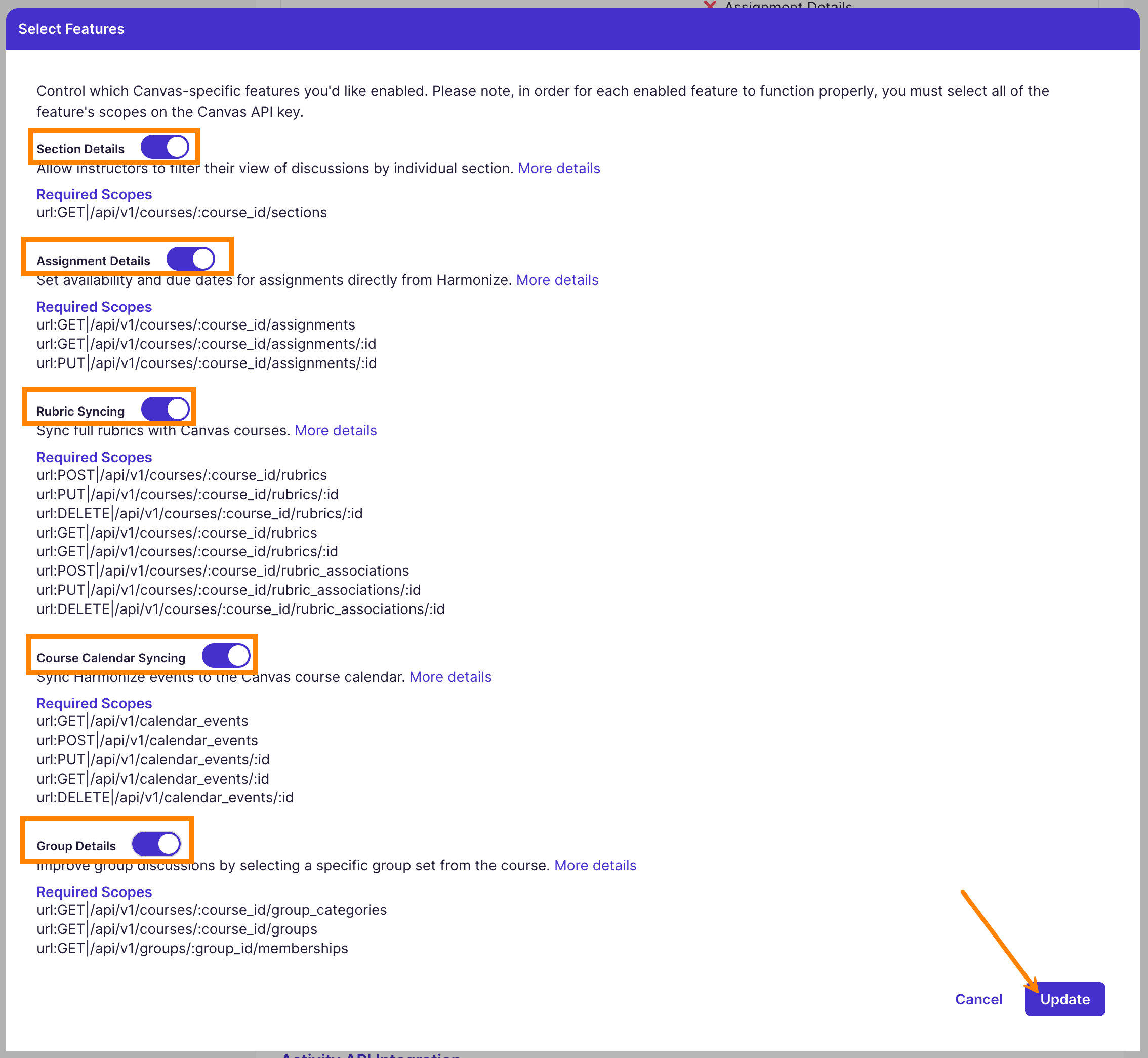 Settings page showing Canvas feature toggles (Section Details, Assignment Details, Rubric Syncing, Course Calendar Syncing, Group Details) all enabled with purple switches and an "Update" button highlighted.