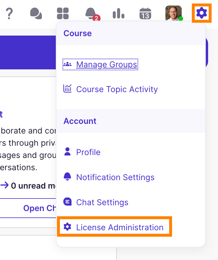 Dropdown menu showing "Course" and "Account" sections with items: Manage Groups, Course Topic Activity, Profile, Notification Settings, Chat Settings, License Administration.