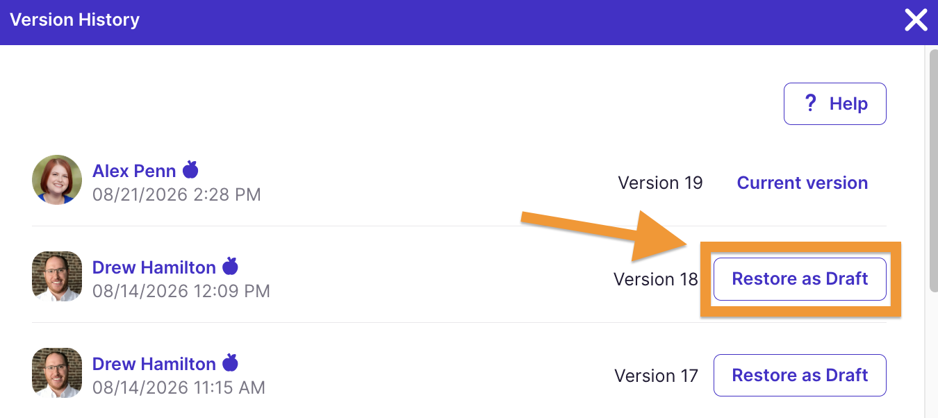 Restore as Draft button