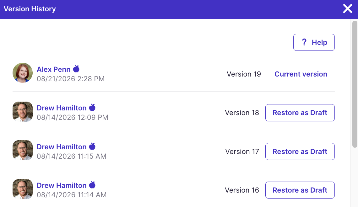 Version history with many versions showing